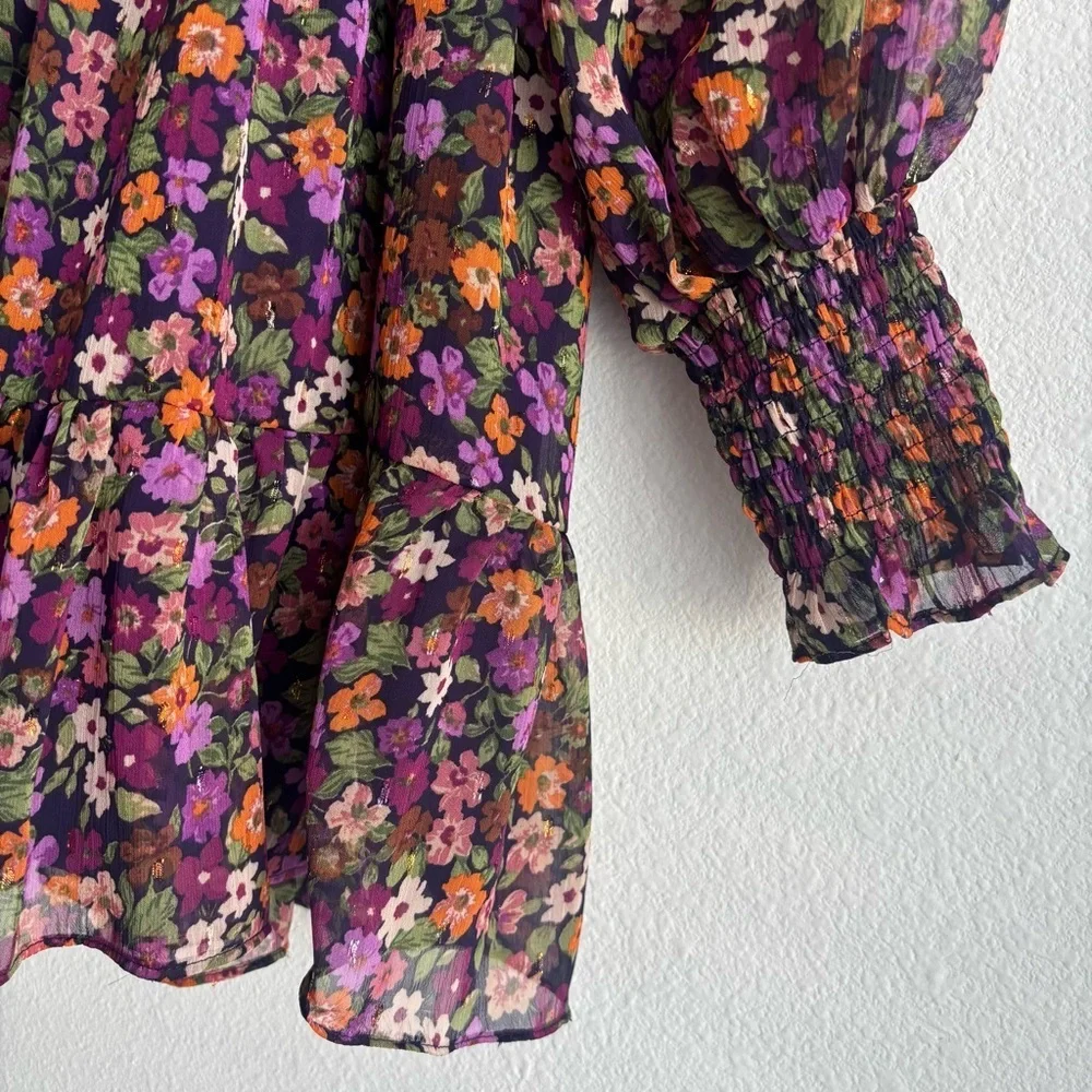 Aqua Multicolor Floral Long Sleeve Ruffled Mini Smocked Dress Exclusive Small